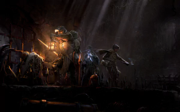 HD desktop wallpaper depicting a tense scene from the video game Dark and Darker, featuring adventurers in a murky, dungeon-like setting.