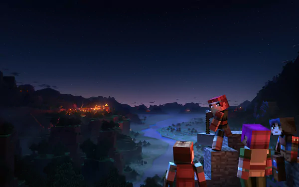 HD Minecraft: Dungeons wallpaper featuring characters overlooking a twilight landscape for desktop background.
