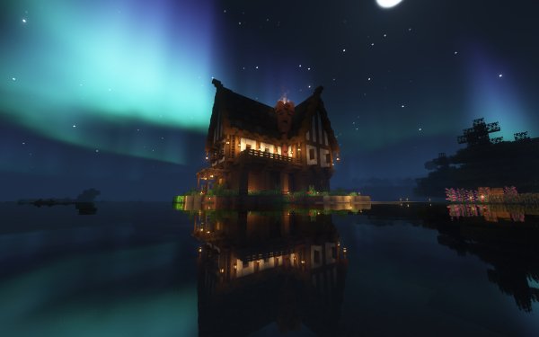 Minecraft HD desktop wallpaper featuring a night scene with house reflection on water under aurora borealis.