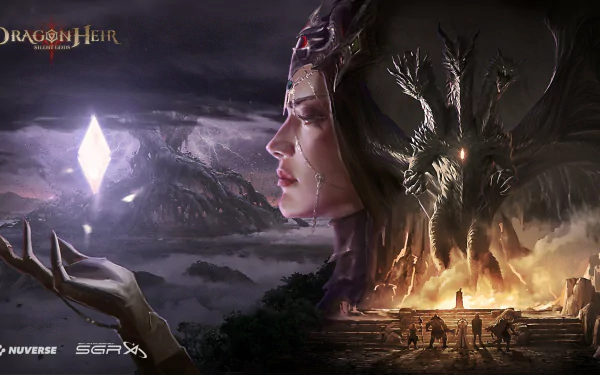 HD wallpaper featuring Dragonheir: Silent Gods with a mystical woman and dragon imagery for desktop background.