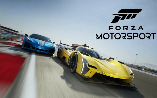 HD desktop wallpaper featuring high-speed racing action from Forza Motorsport (2023) with sleek blue and yellow race cars on a racetrack.