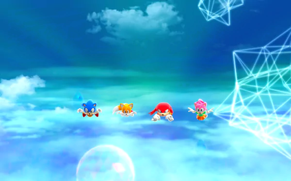 A vibrant HD wallpaper featuring characters from the video game Sonic Superstars, set against a dreamy blue sky with abstract geometric shapes and bubbles.
