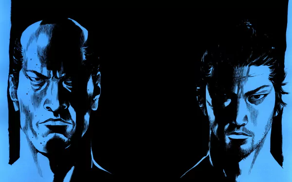 HD wallpaper featuring intense portraits of Miyamoto Musashi from the Vagabond manga series set against a dark blue background.