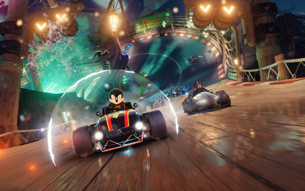 Mickey Mouse racing in Disney Speedstorm game, featuring dynamic HD desktop wallpaper with vibrant track background.