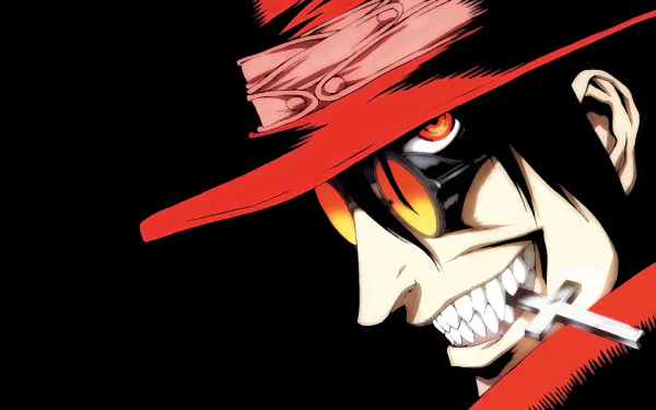 HD wallpaper featuring the character Alucard from the Hellsing anime, with a sinister smile, glowing yellow eyes, and a red hat against a black background.