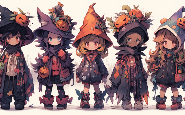 Halloween-themed HD desktop wallpaper featuring cute anime-style characters dressed in witch costumes with pumpkin accessories.