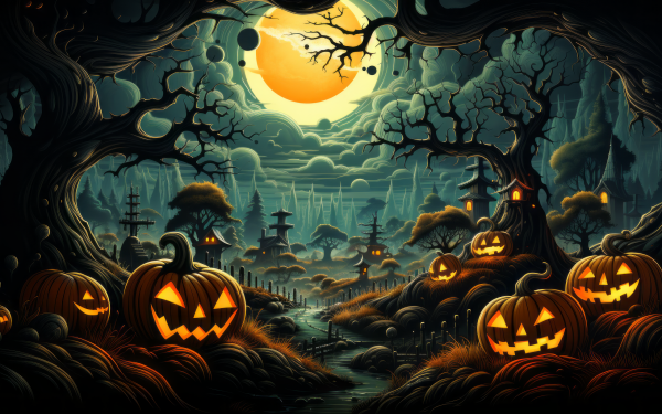 Spooky Halloween HD desktop wallpaper featuring carved jack-o'-lanterns, twisted trees, and a haunted landscape under a full moon.