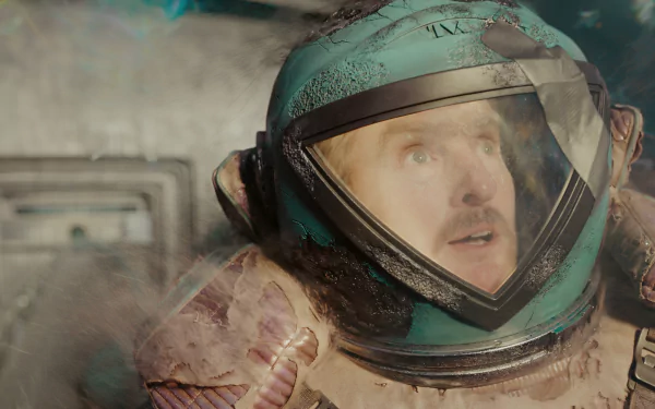 A captivating HD wallpaper from the TV show Loki, featuring an astronaut in a distressed helmet, capturing a moment of surprise against a colorful backdrop.