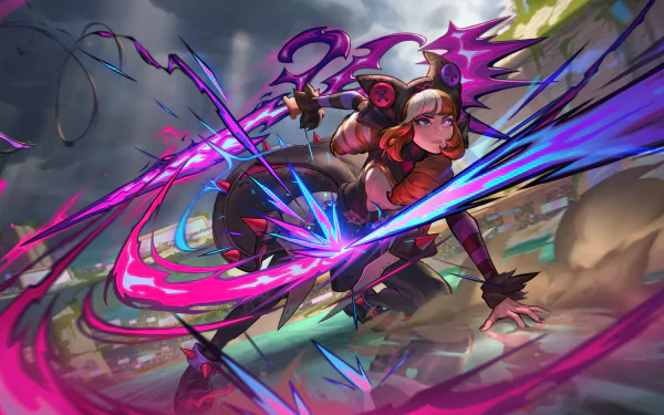 HD desktop wallpaper featuring Gwen from League of Legends in an action pose with dynamic, colorful energy effects, set in a vivid battle scene.