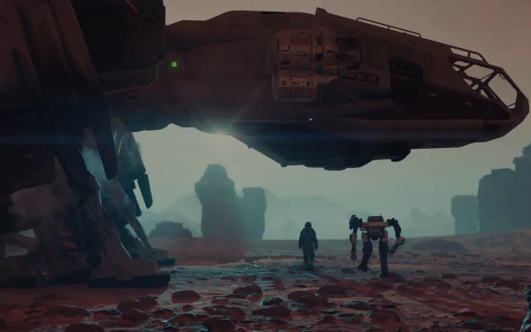 HD desktop wallpaper featuring a spaceship and astronauts exploring a rocky alien landscape under a starfield.