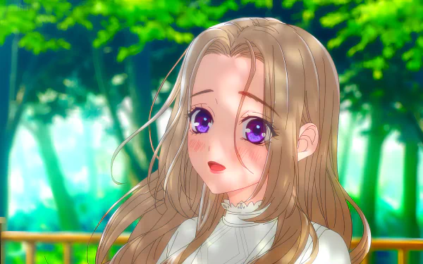 HD anime desktop wallpaper by Isaku Senagaki featuring a girl with long hair and purple eyes standing outdoors with her guard dog in a vibrant, green forest setting.