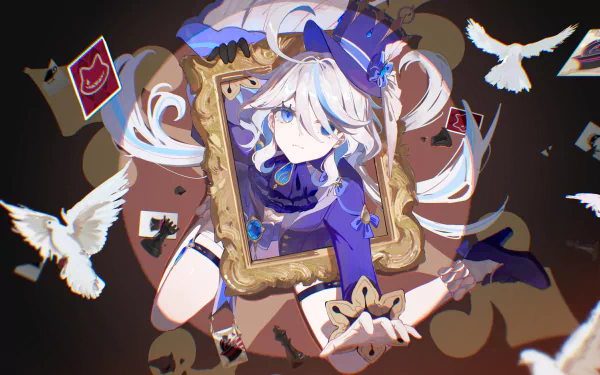 4K Ultra HD PC desktop wallpaper featuring Furina from Genshin Impact surrounded by floating cards and white doves in a dynamic, stylized video game artwork.