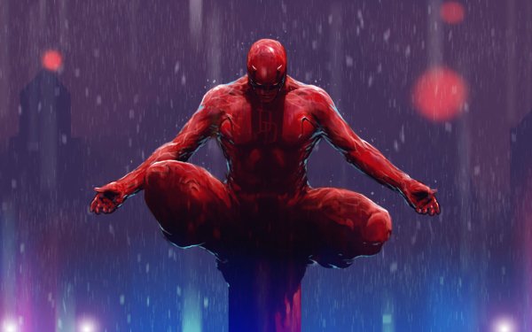 HD wallpaper featuring Daredevil in a meditative pose against a moody, rainy backdrop, perfect for desktop background use.