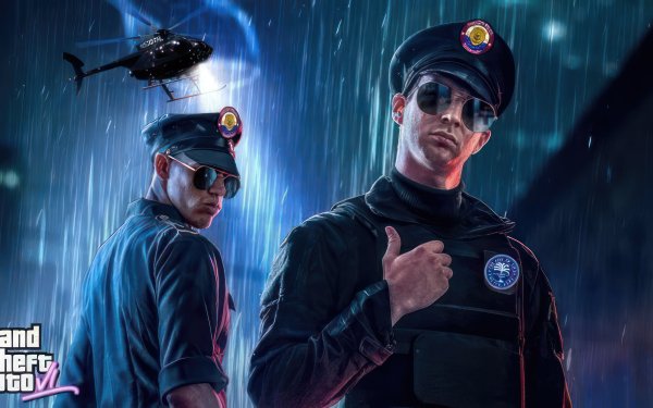 Grand Theft Auto VI HD wallpaper featuring two police officers and a helicopter in a rainy backdrop.