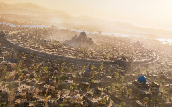 HD desktop wallpaper from the video game Assassin's Creed Mirage depicting a panoramic view of an ancient city at sunrise.
