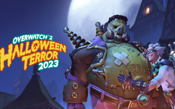 Overwatch 2 Halloween Terror 2023 event HD desktop wallpaper featuring game characters in a spooky themed setting.