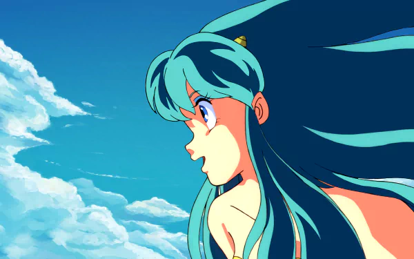 4K Ultra HD anime wallpaper depicting Lum from Urusei Yatsura with flowing teal hair against a bright blue sky with clouds.