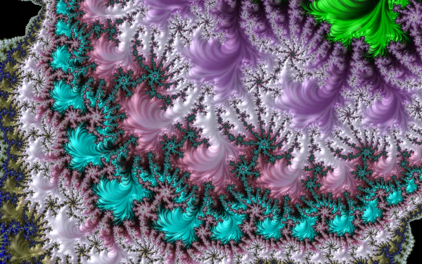 8K Ultra HD trippy psychedelic fractal PC desktop wallpaper: swirling trance-like abstract purple and pink fractal waves with teal and green highlights and intricate repeating ferns.