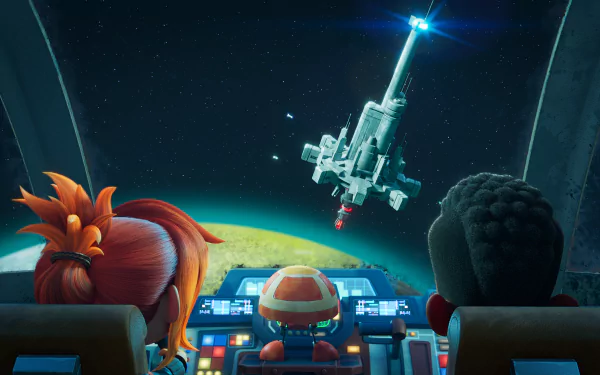 A vibrant HD desktop wallpaper from Star Wars: Young Jedi Adventures, featuring three characters in a spaceship cockpit, gazing at a space station against a starry backdrop.
