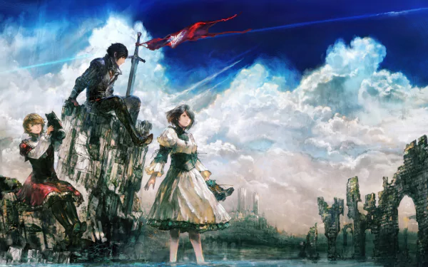 HD desktop wallpaper of Final Fantasy XVI featuring characters and a dramatic sky over ruins.