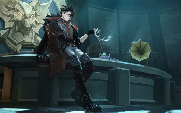 HD desktop wallpaper featuring Wriothesley from the video game Genshin Impact, showcasing him in a seated and relaxed pose within a dimly lit room with intricate decor.