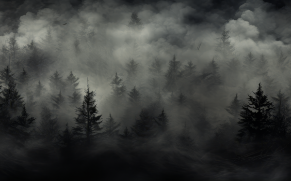 HD wallpaper of misty forest with silhouetted trees for desktop background.