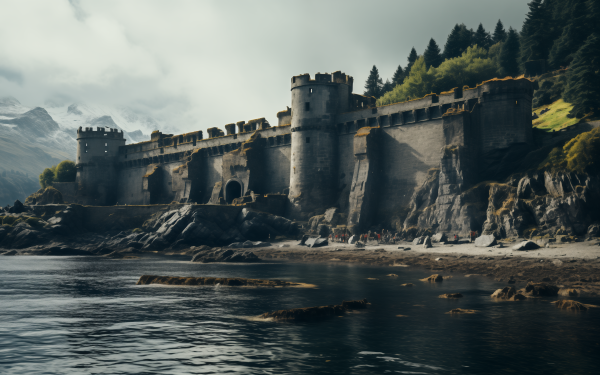 HD desktop wallpaper featuring an ancient fortress ruin on a rugged coastline with forest-covered hills and a serene sea in the foreground.