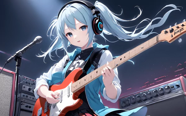 Anime girl playing guitar with headphones in a beautiful and artistic HD desktop wallpaper.