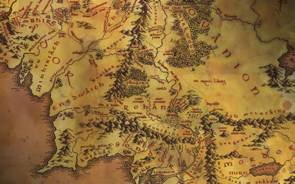 HD wallpaper of a detailed Middle Earth map from Lord of the Rings, featuring iconic locations like the Shire and Rohan.