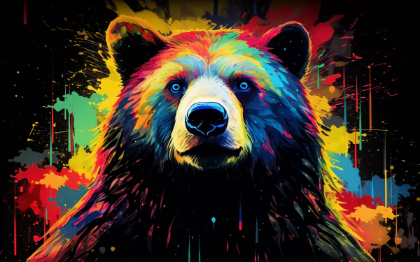 A vibrant, colorful bear portrait stands against a dynamic splash of paint, creating a striking HD desktop wallpaper and background.