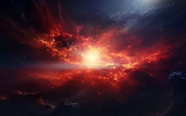 HD desktop wallpaper featuring a vivid depiction of a supernova explosion with radiant red and orange hues against a starry sky.