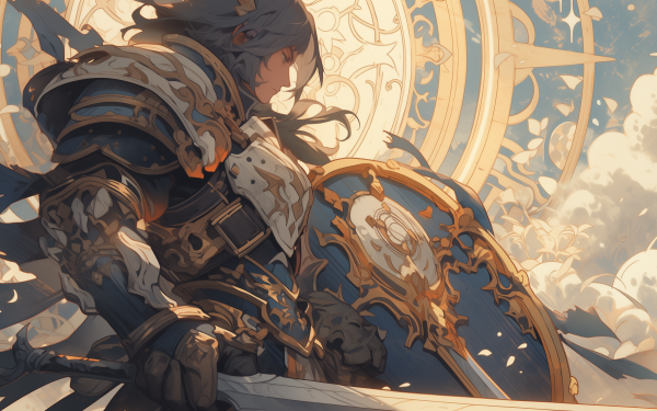 HD wallpaper of a stoic warrior paladin with ornate armor and shield, set against an intricate, light-filled backdrop, perfect for desktop background.