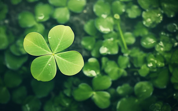A vibrant high-definition wallpaper featuring lush green clovers, with a prominent four-leaf clover highlighted amidst a sea of smaller leaves and droplets of water.