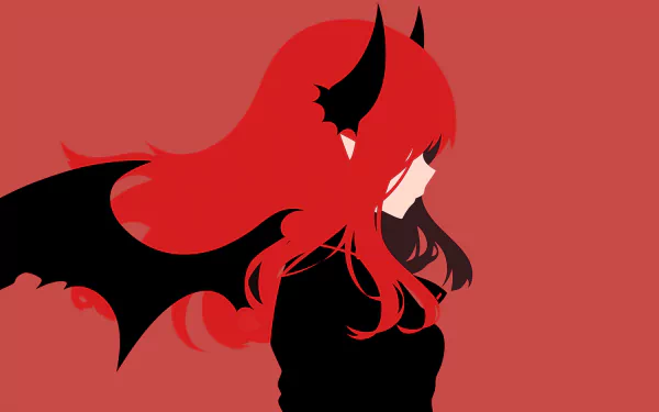 HD desktop wallpaper featuring a stylized silhouette of Koakuma from Touhou against a red background.
