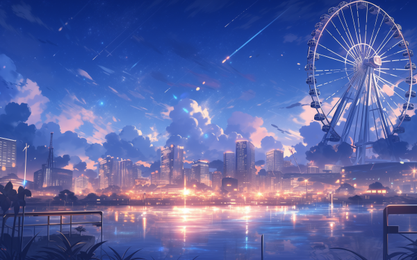 HD wallpaper of a futuristic city skyline with a prominent ferris wheel and a starry night sky reflected on water.