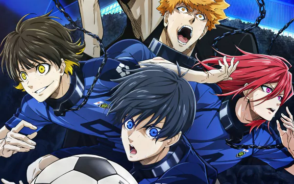 HD wallpaper featuring Isagi Yoichi, Bachira Meguru, and Hyoma Chigiri from the anime Blue Lock, showcasing their dynamic energy and competitive spirit on the soccer field.