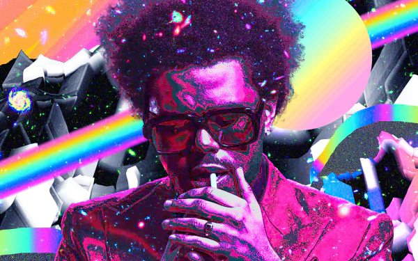 HD desktop wallpaper featuring a vibrant collage with The Weeknd amidst colorful abstract shapes and rays.