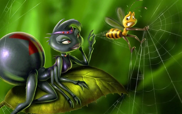 A fantasy-themed HD wallpaper featuring a stylized spider lounging on a leaf, engaging with a startled bee caught in a web, set against a lush green background.