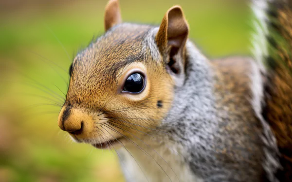 A close-up of a curious squirrel, featuring its expressive eyes and soft fur against a natural green background. This HD image serves as a captivating desktop wallpaper.