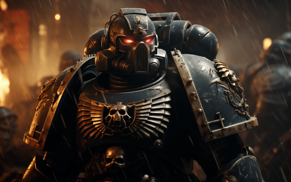 HD Wallpaper of a Warhammer Space Marine in battle-ready stance amidst a rain-soaked battlefield, ideal for desktop background.