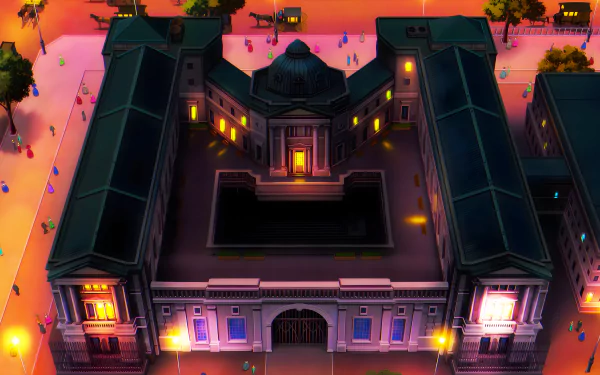 8K Ultra HD anime wallpaper from The Eminence in Shadow featuring an illuminated, symmetrical mansion at night with small figures around it.