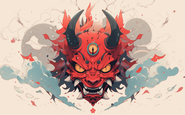 HD desktop wallpaper featuring an artistic illustration of an original Oni mask with vibrant red and black hues, embodying traditional Japanese folklore, surrounded by mystical smoke.