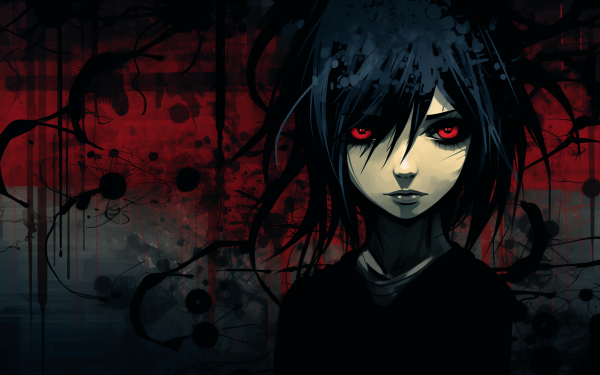 HD emo-themed desktop wallpaper featuring an artistic representation of a person with black hair, red eyes, and a stylized red and blue splattered background.