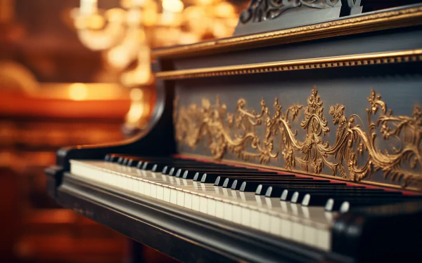 Elegant close-up of a beautifully detailed grand piano, showcasing its ornate design and keys, creating an inviting atmosphere for music lovers. Ideal HD desktop wallpaper.
