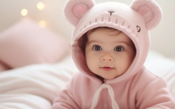 A charming baby in a pink bear hoodie smiles, surrounded by a soft, cozy environment, creating a delightful photography wallpaper for desktops.