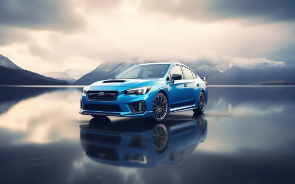 Blue Subaru car HD desktop wallpaper with mountain and lake reflection background.