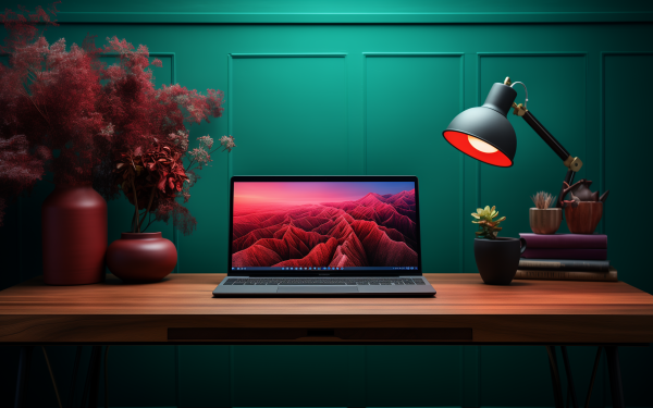 HD wallpaper of a stylish workspace with an open laptop on a wooden desk, illuminated by a desk lamp, against a teal wall, accompanied by plants and decorative vases.