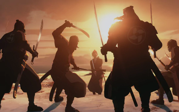 Silhouettes of samurai warriors engaged in battle at sunset, featuring a prominent figure with a blue eye emblem, as an HD desktop wallpaper and background.