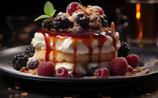 HD wallpaper of a delectable dessert featuring pancakes topped with fresh berries, whipped cream, and drizzled with caramel sauce on a dark background.