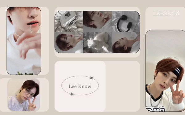 HD PC desktop wallpaper featuring multiple images of Stray Kids member Lee Know with a beige background and a minimalist design.